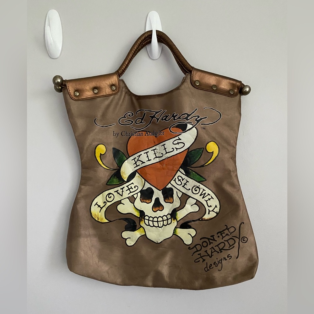 Y2K Ed Hardy “love kills slowly” by Christan Audigier  skull gold tote bag used